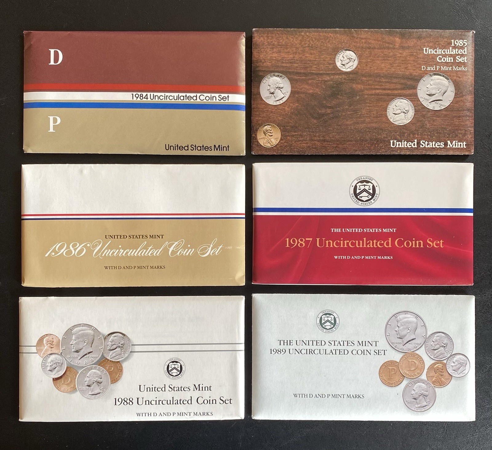 Lot of 6 US Mint Coin Sets D&P 1984-1989 Uncirculated Orig. Gov’t Packaging OGP