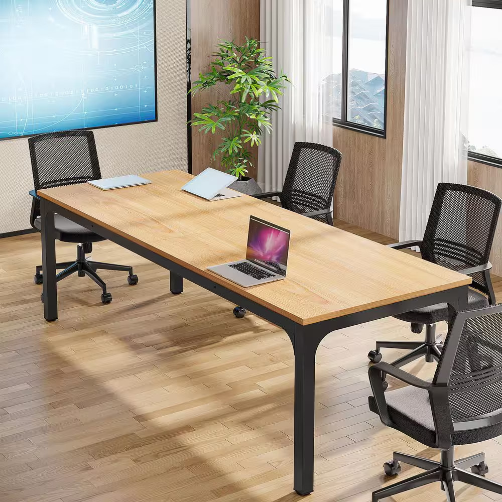 Moroni 78.7 In. Oak and Black Wood Computer Desk, Rectangular Conference Table S