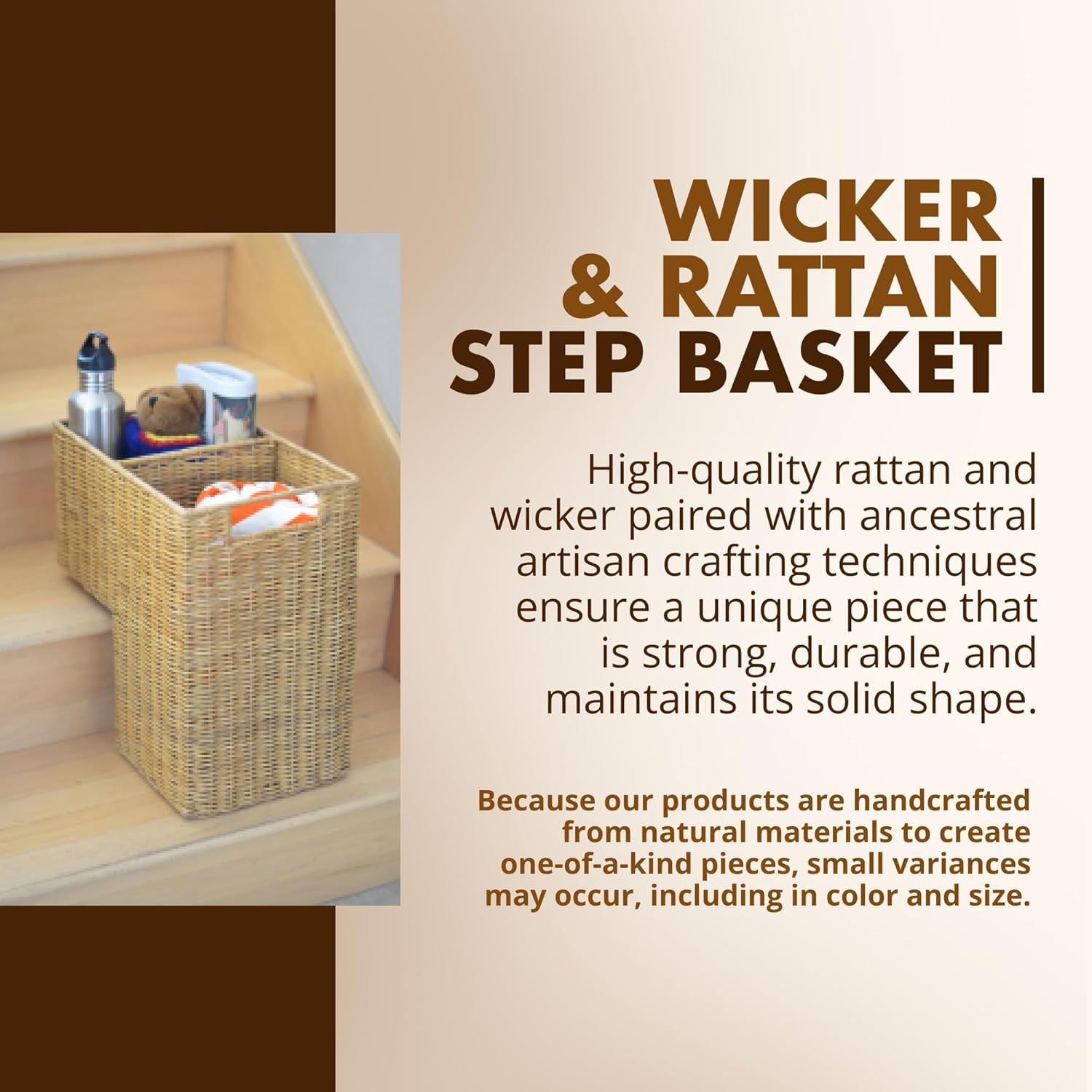 Wicker Step Basket, Natural, Rectangular, 15 X 9.5 X 15.75 In