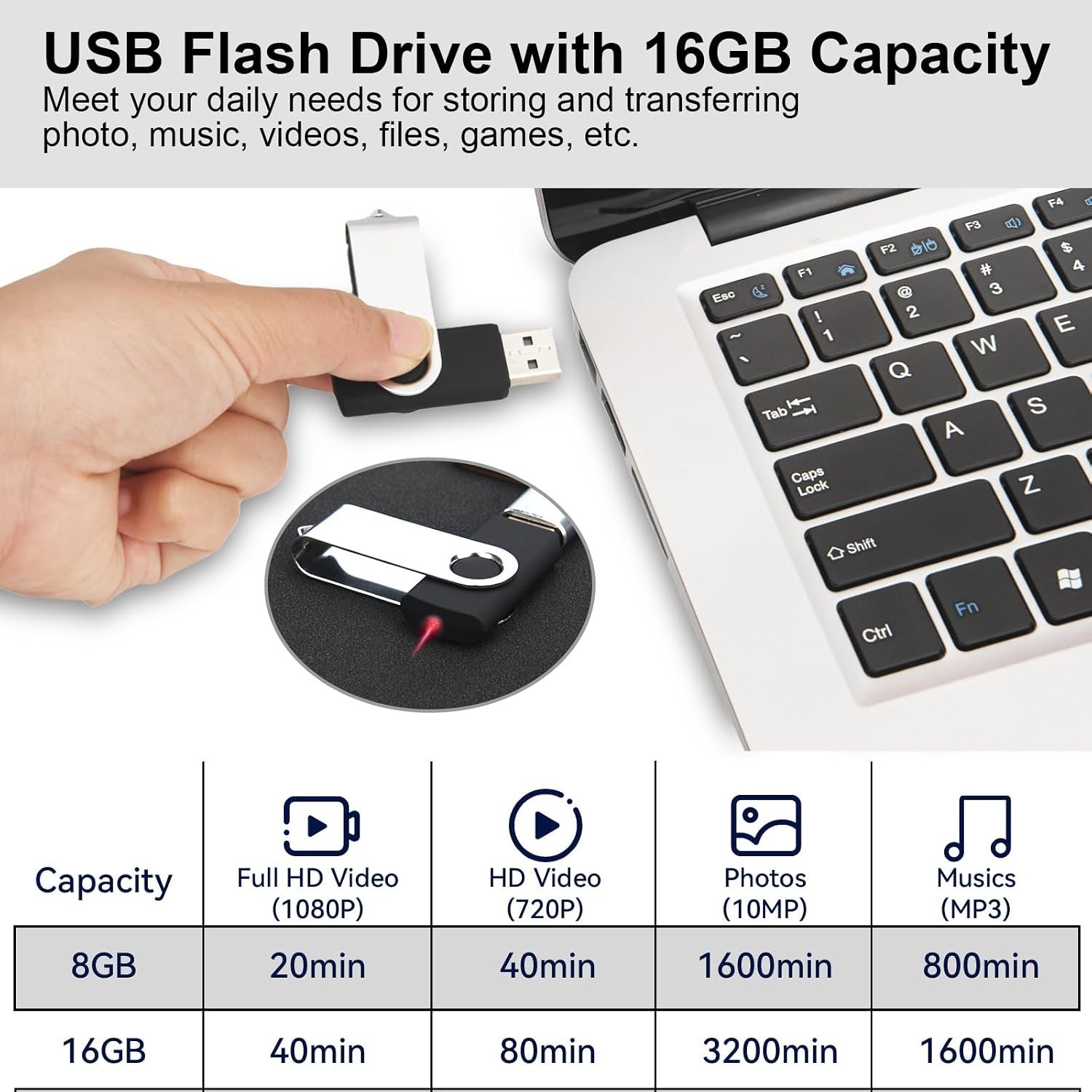 Swivel Keychain 16GB USB Flash Drive - Shockproof Portable Data Storage