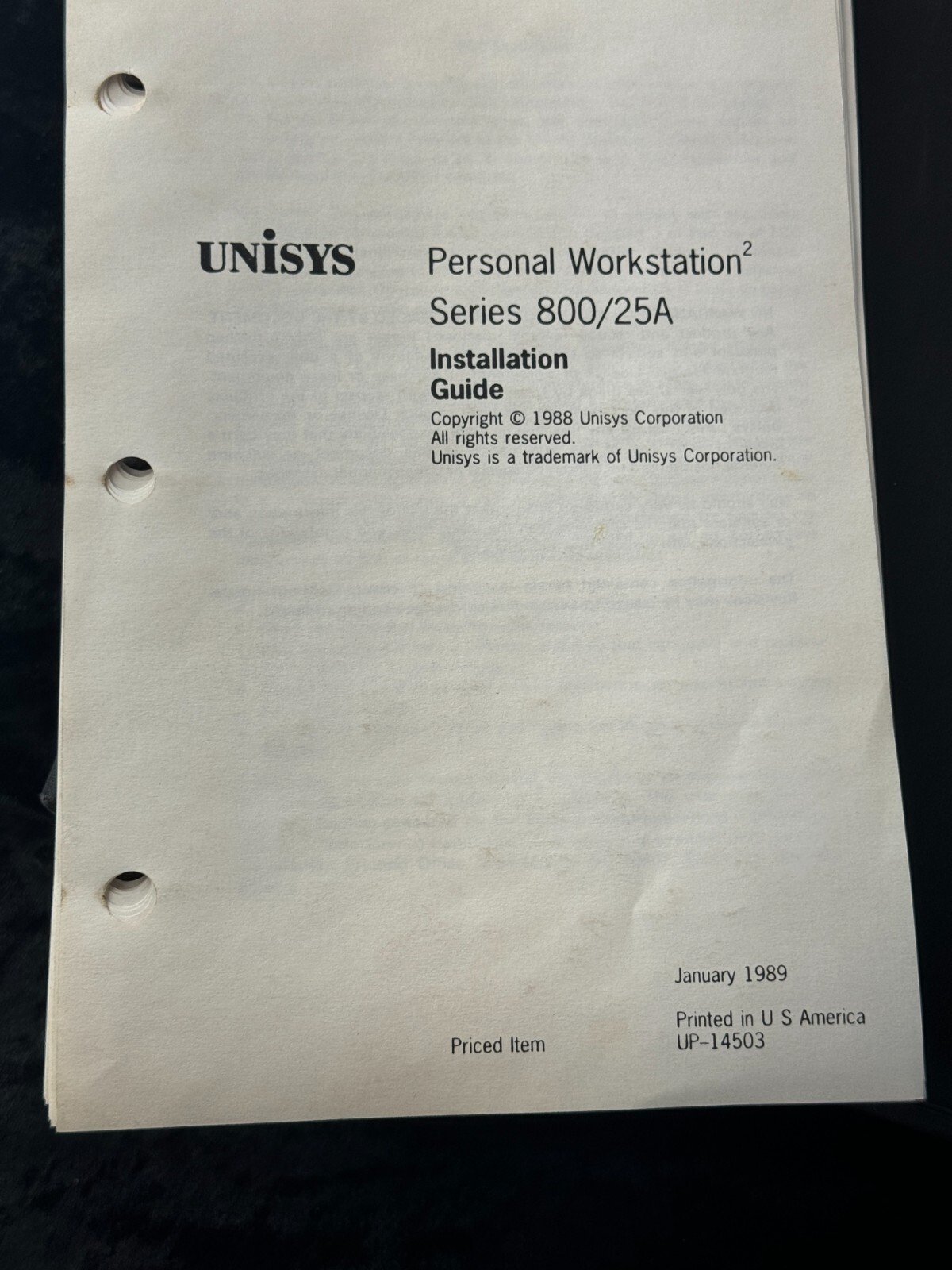 UNISYS Personal Workstation Series 800/25A Installation Guide