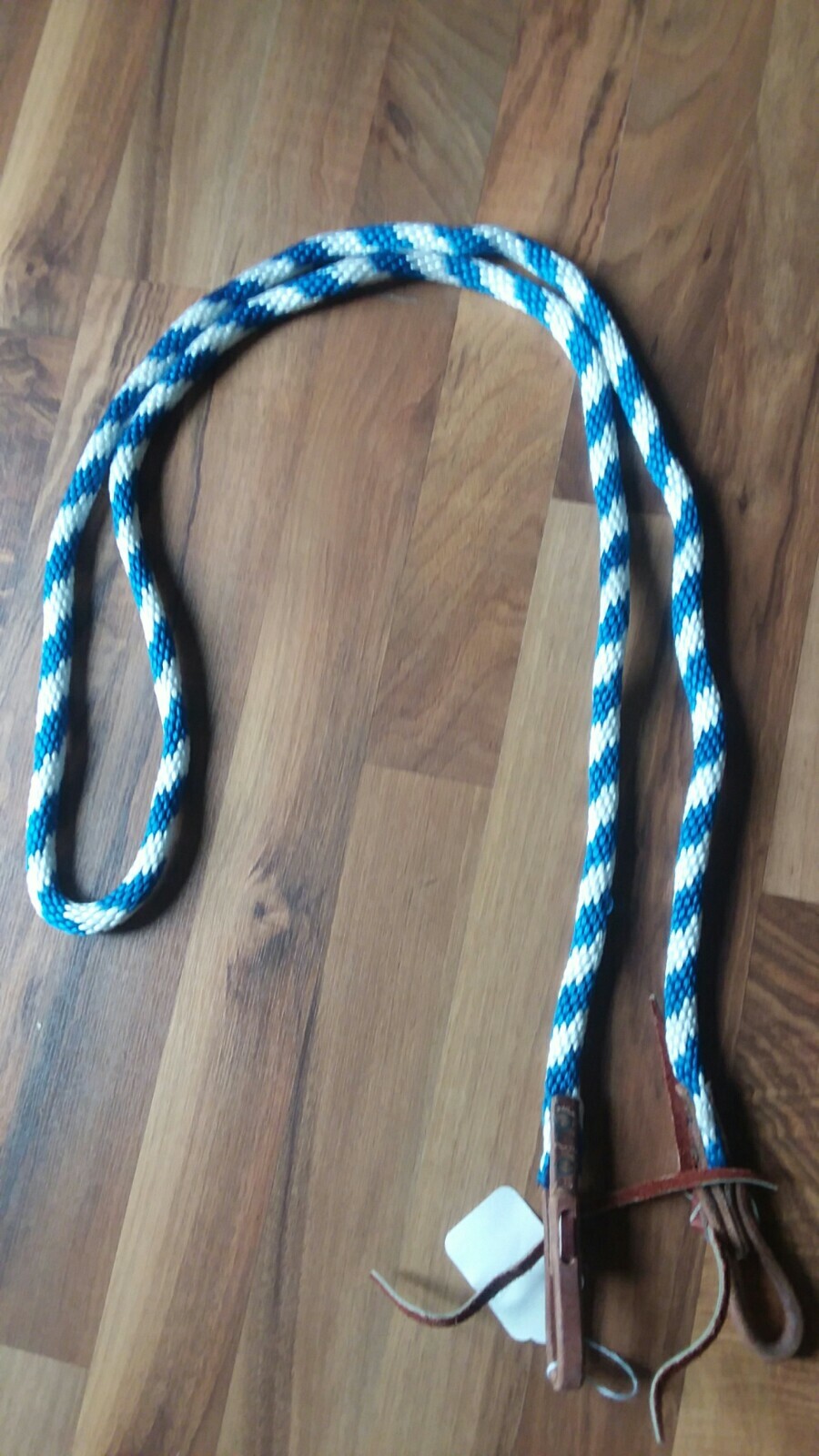 White & blue Amish made HORSE POLY ROPING REINS W/ LEATHER LACES LOOP ENDS