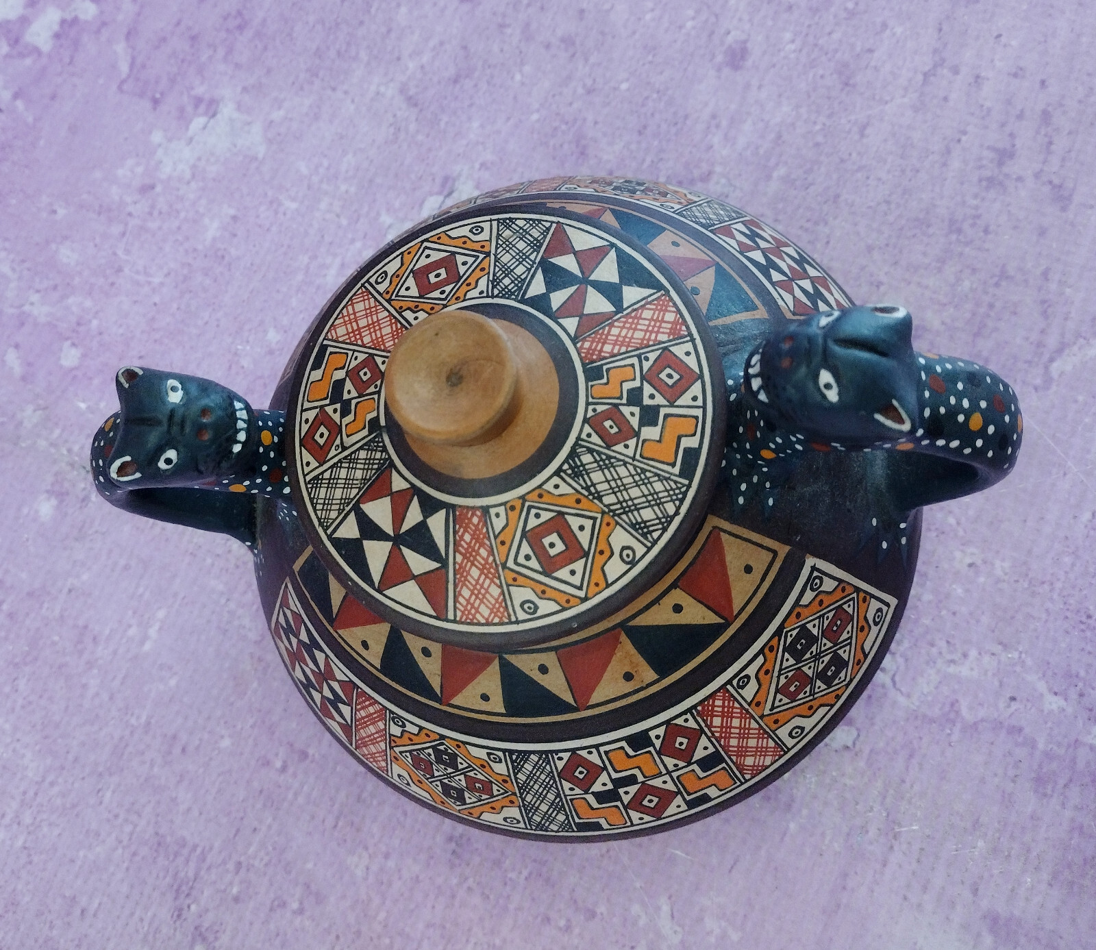 Peruvian Pottery Covered Bowl Folk Art Black Jaguar Handles Hand Painted Peru