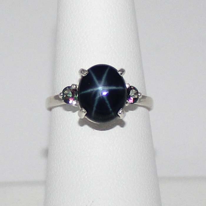 Genuine Blue Star Sapphire and Mystic Topaz Sterling Silver 925 Ring / Oval-Cut