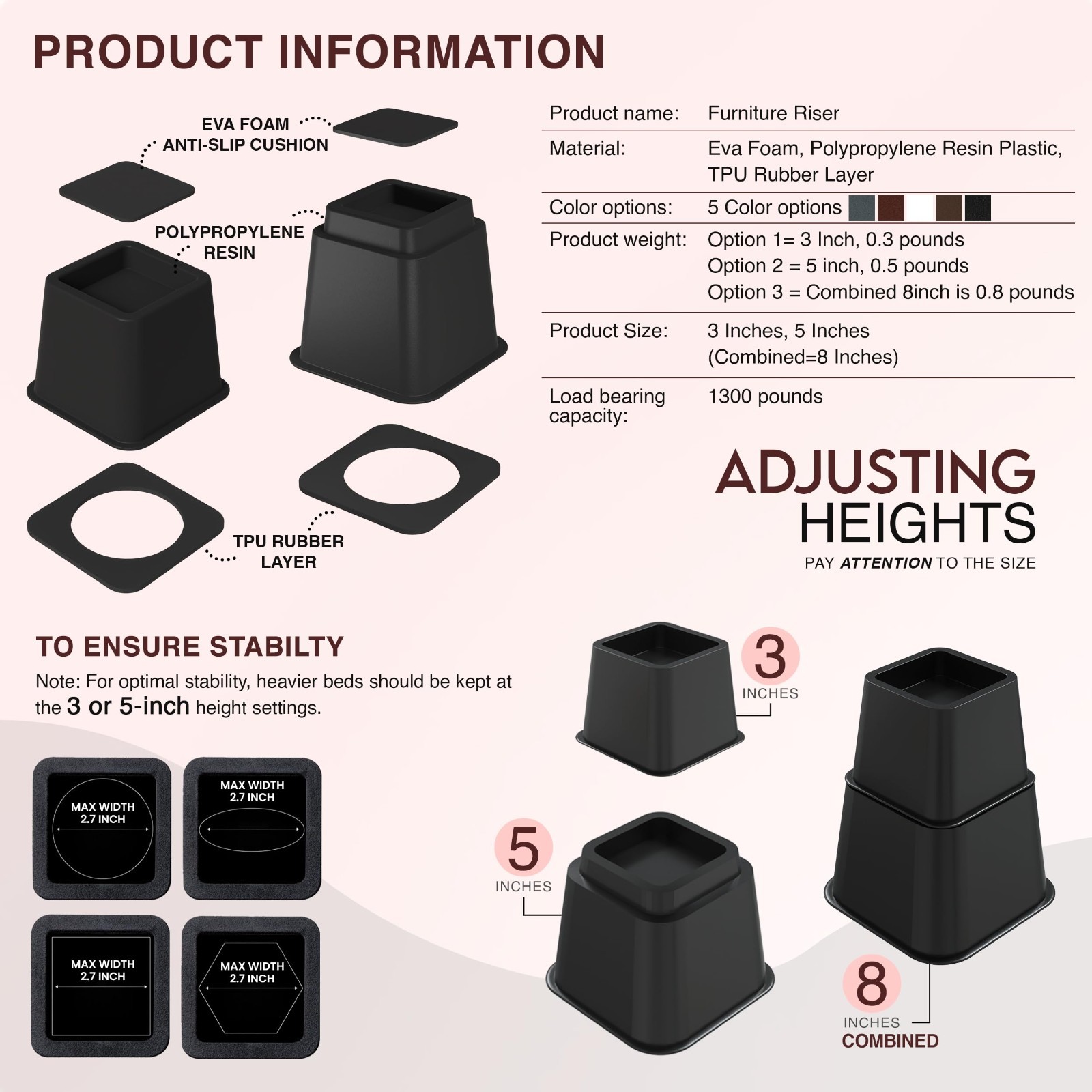 Adjustable Bed Risers 3 & 5 Inch, 1300 lbs Capacity, 4 Pack - Black Height Boost
