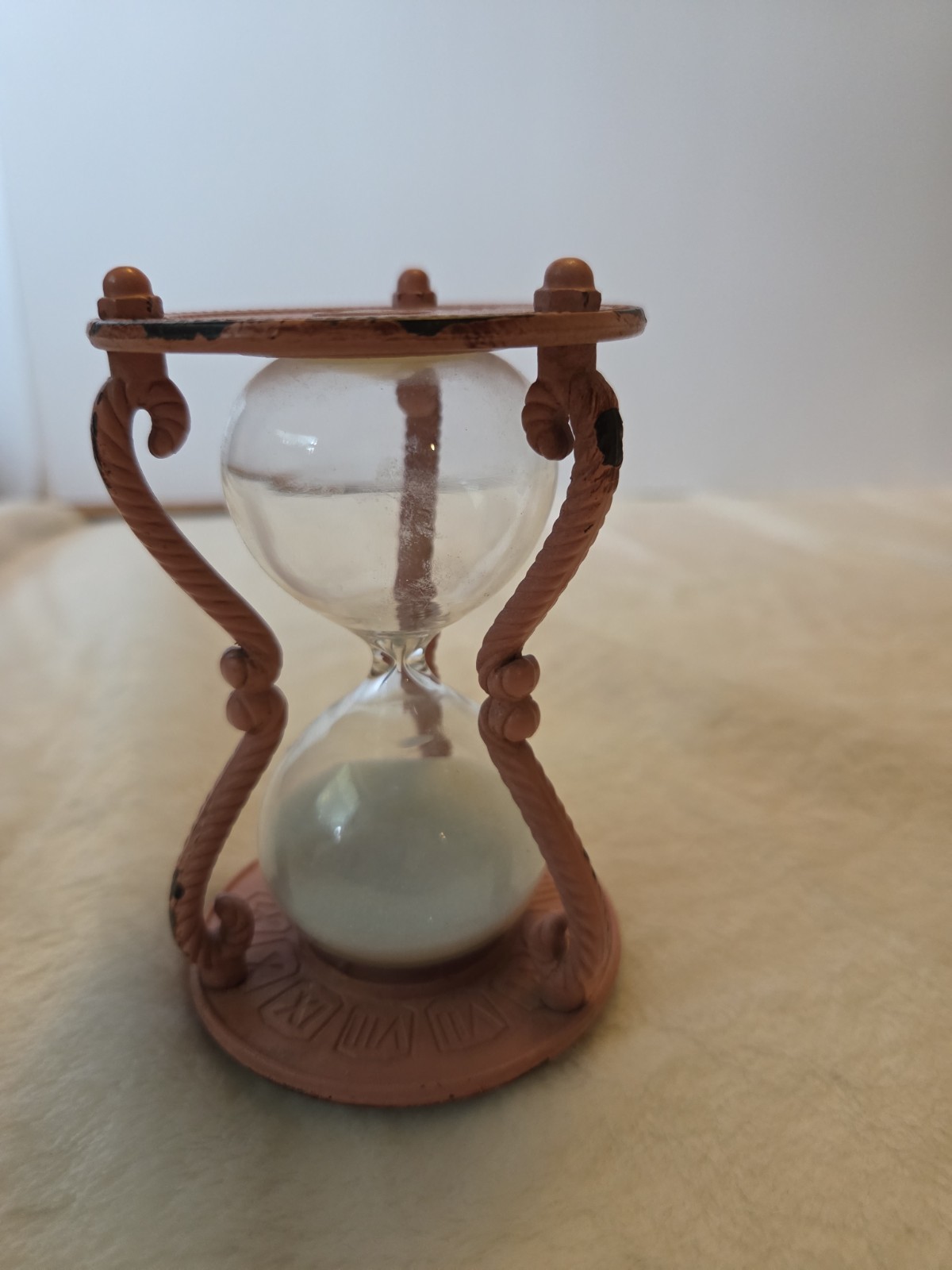 Anthropologie Sand Hourglass Metal Painted Pink Embossed Rising Sun Motif, READ