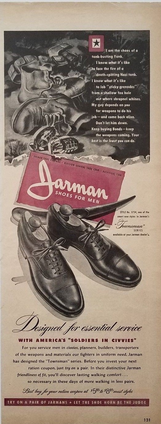 1943 Jarman Shoes for Men Foot Fashion Combat Boots Nashville Vintage Print Ad