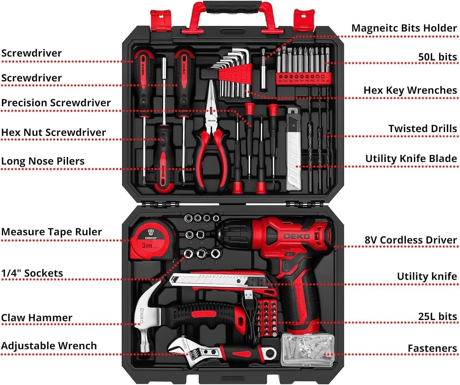 Drill Set: Tool Set with 8V Red Cordless Drill, Home Tool Kit with Drill, Han...