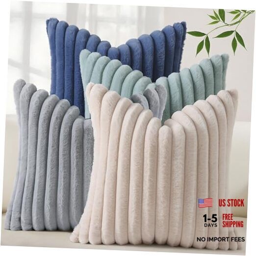 Set of 4 Faux Fur Throw Pillow Covers 18x18 18" x 18" (Pack of 4) Beige/Blue