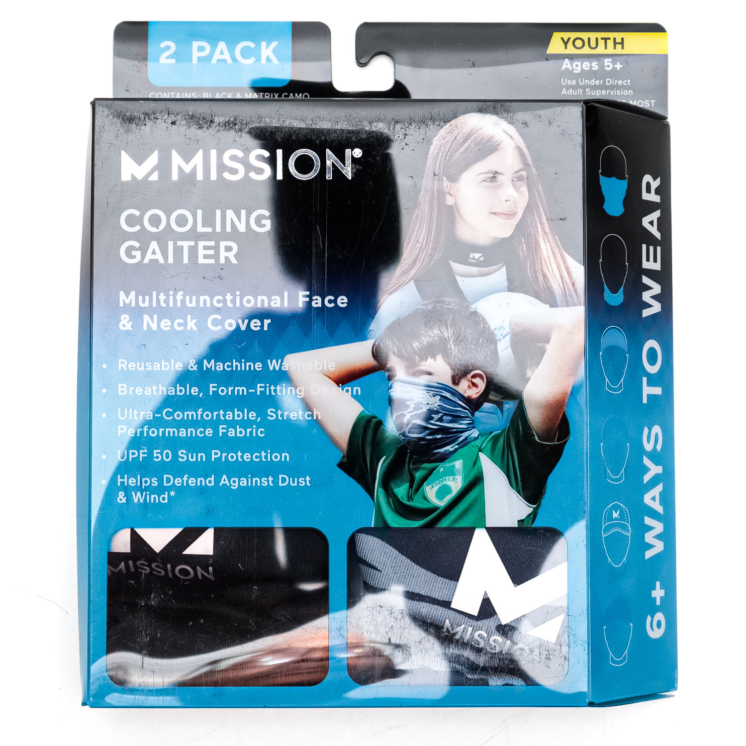 Mission YouthCooling Gaiter 2pk Multifunctional Face & Neck Cover Size 7.5" x 8"