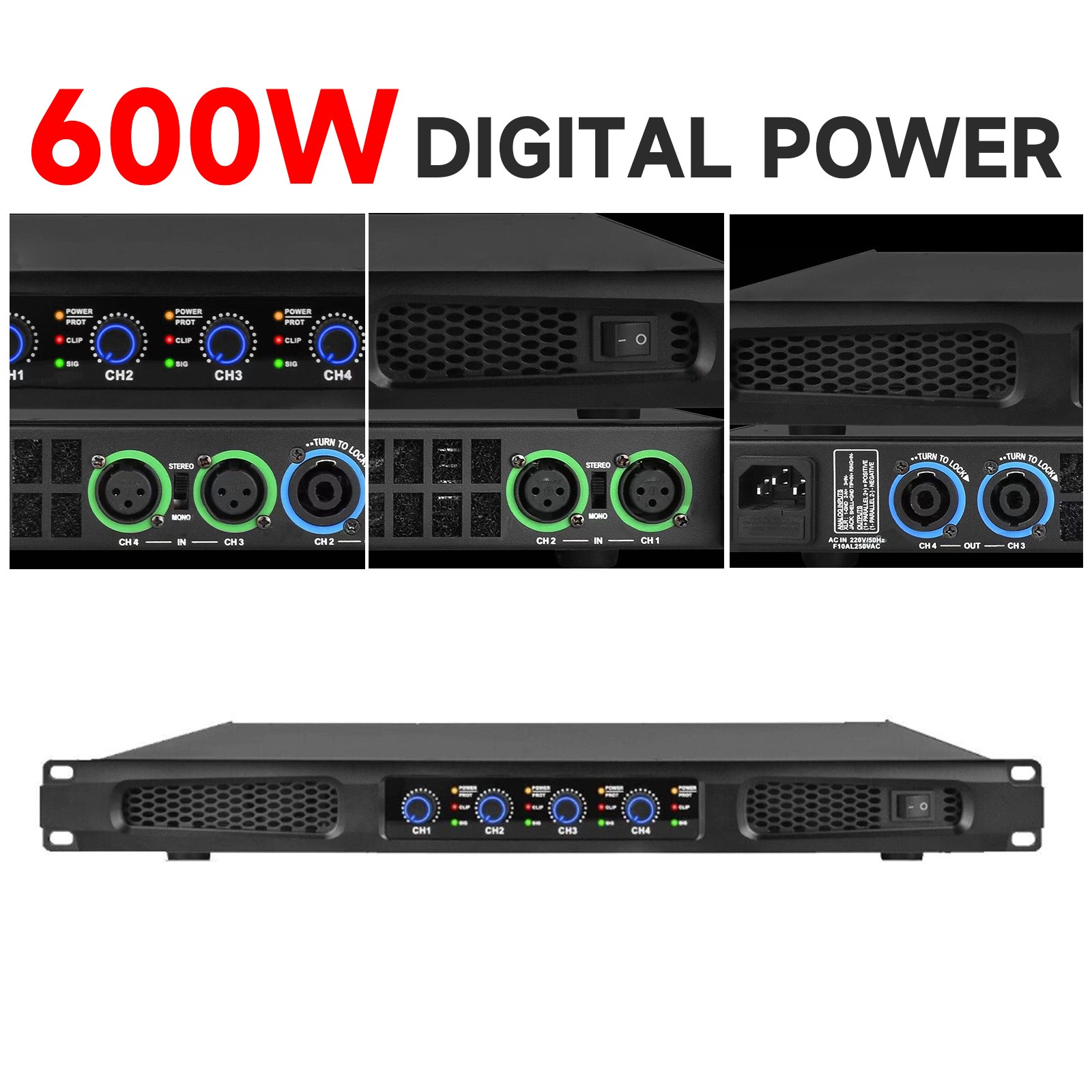 High-Tech 5200W 4-Channel Class D Digital Power Amplifier 5200-Watts PEAK Output