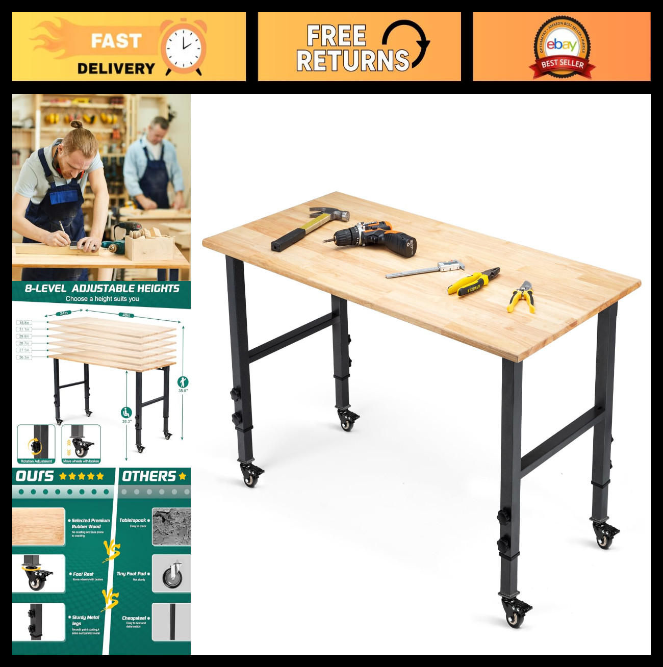 48" Adjustable Heavy Duty Workbench with Metal Wheels - 2000 lbs Capacity for Ga