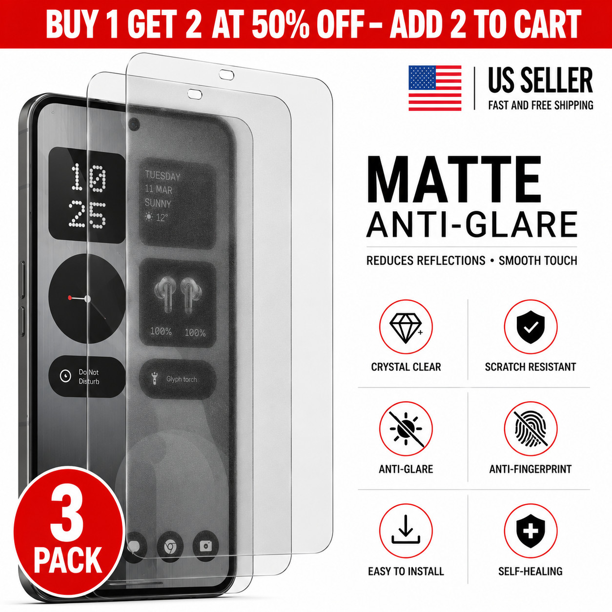 3-Pack Matte Anti-Glare Screen Protector Nothing Phone 1 2 2a 2a Plus 3 Series