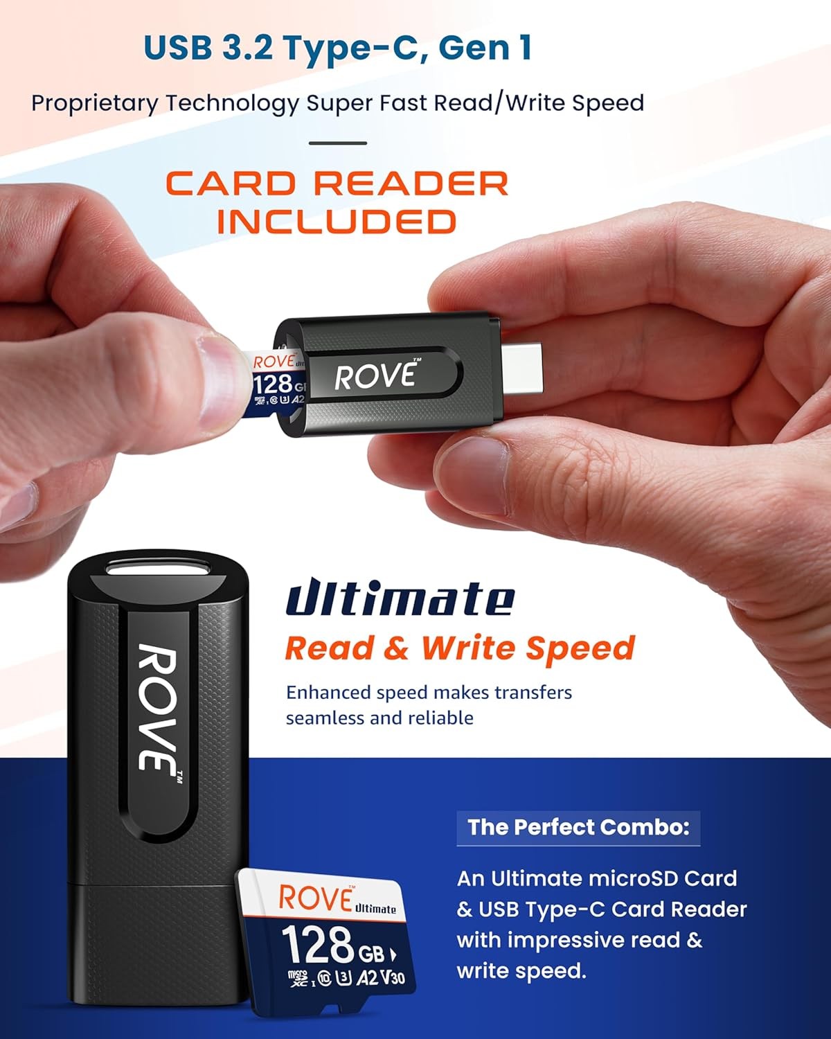 ROVE Ultimate Micro SD Card microSDXC 128GB Memory Card with USB 3.2 Type C