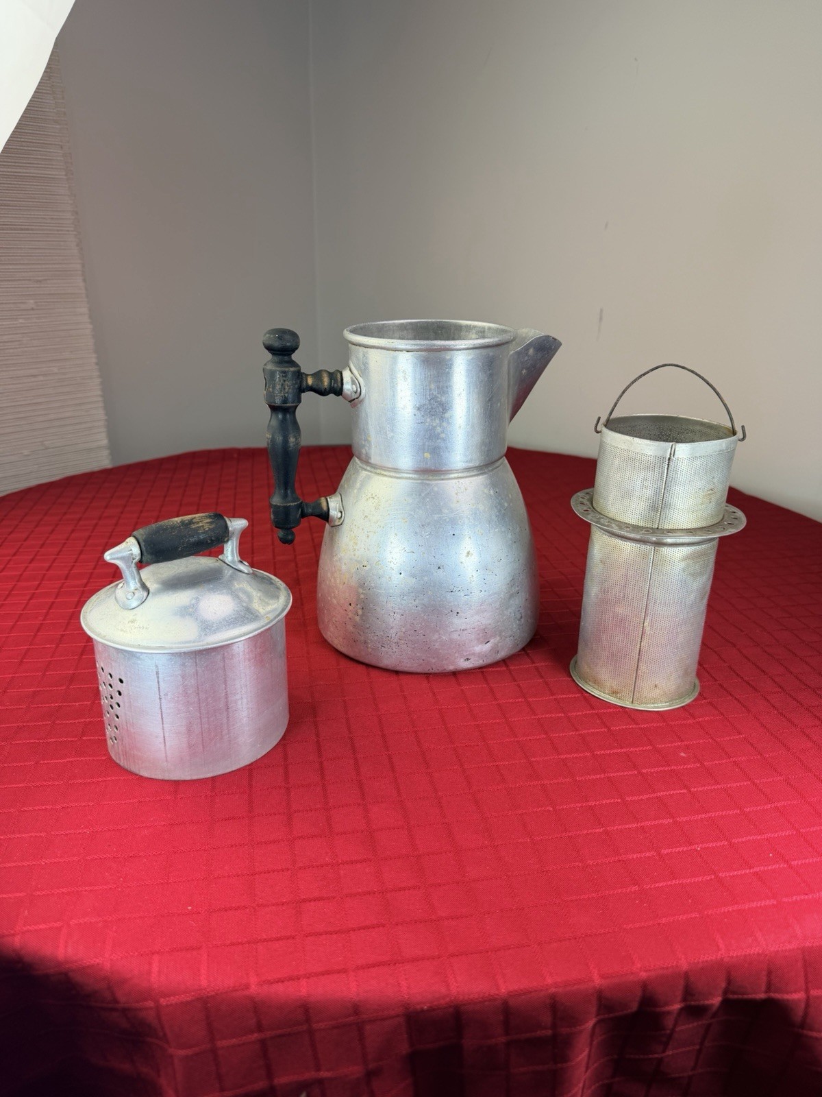 WEAR-EVER Aluminum Coffee Pot Percolator Pat'd 1902 Wood Handles Complete