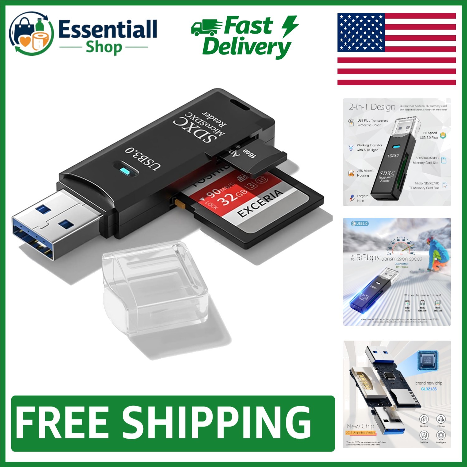 Dual Slot Micro and SD Card Reader, 5Gbps Speed - Portable USB Adapter