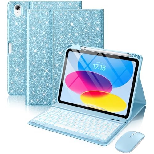 for iPad A16 Case with Keyboard - Mouse Backlit Wireless Detachable Sky Blue