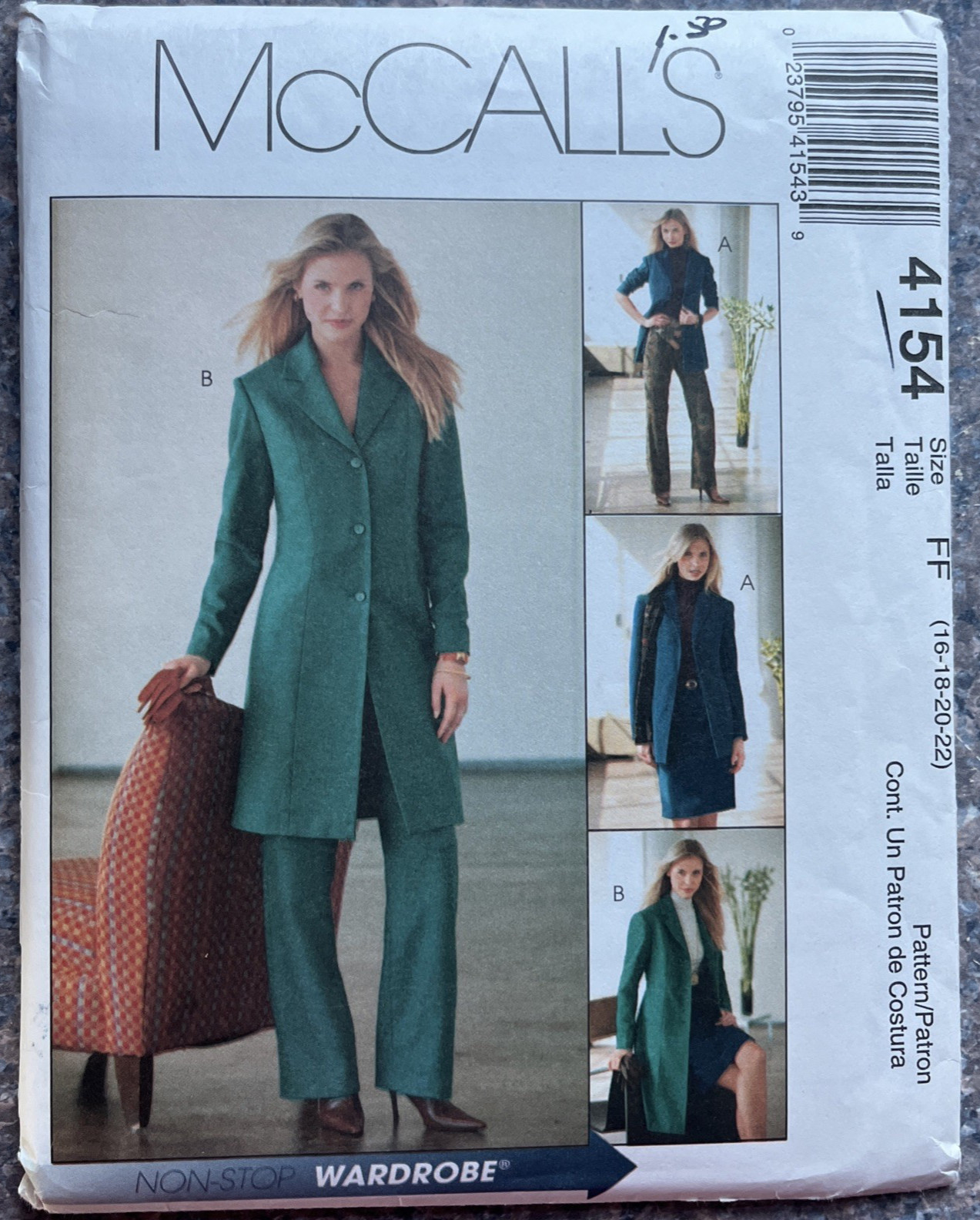 McCalls 4154 Sewing Pattern Jacket Skirt Pants Pantsuit Wardrobe Sz 16-22 UNCUT