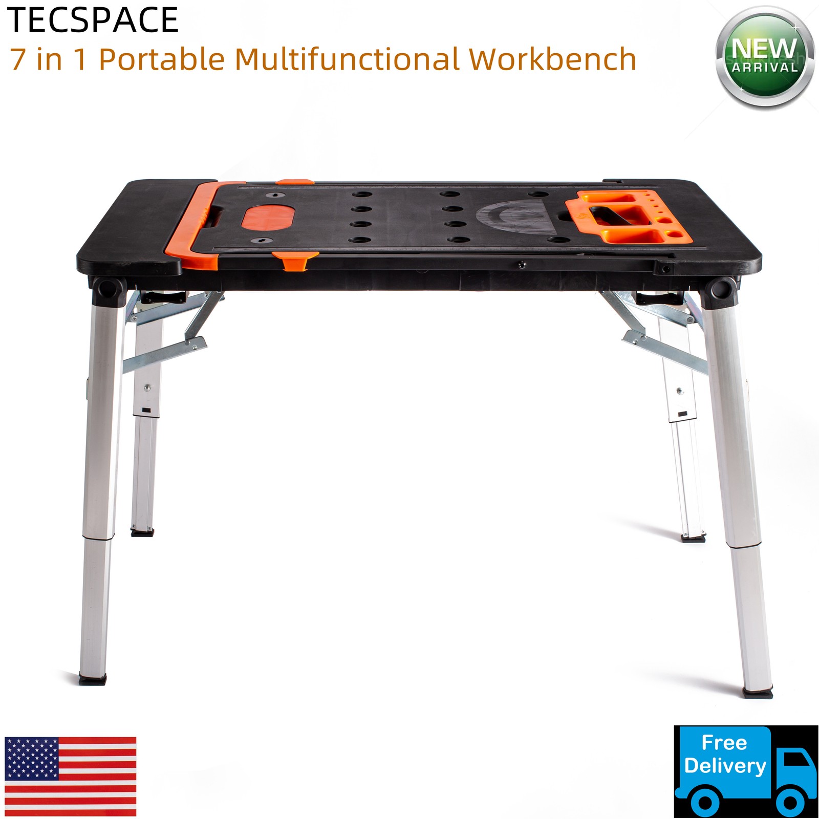 TECSPACE 7 in 1 Black Portable Multifunctional Workbench, Folding Work Table