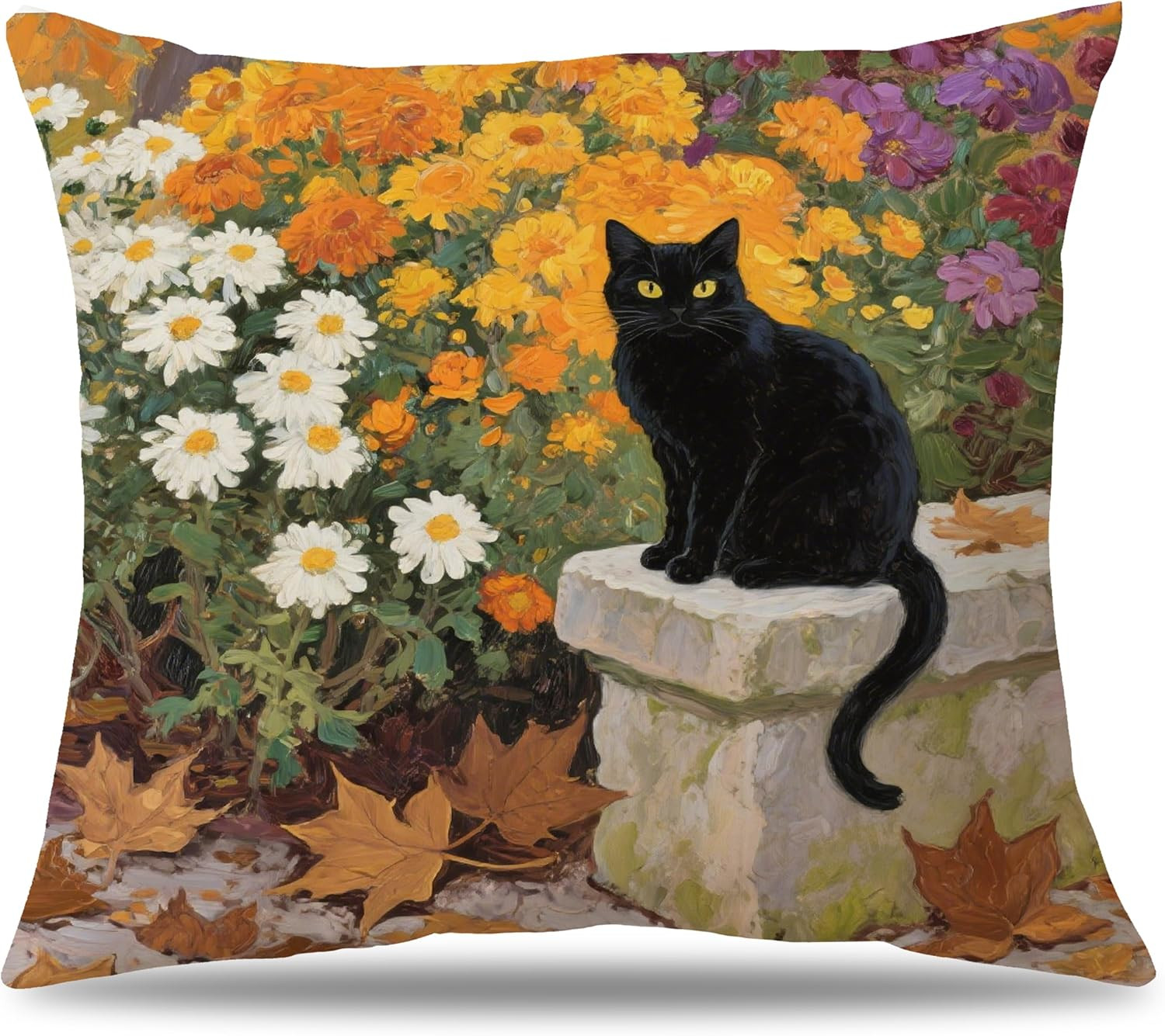 Floral Black Cat Pillow Cover 18X18, Cat Lovers Gifts for Women, Garden Cats Dec