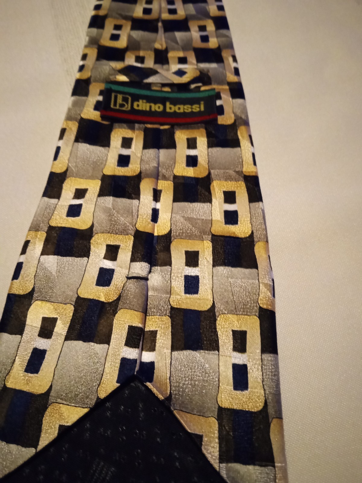 MENS SILK NECKTIE DINO BASSI SILVER TAN BROWN RECTANGLE PATTERN