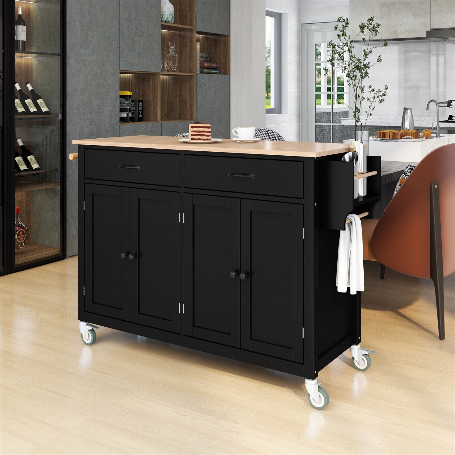 Kitchen Island Trolley Cart Storage Cabinet w/ 2 Drawers & Spice Towel Rack