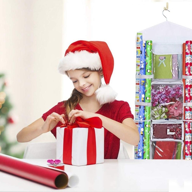 Hanging Closet Organizer Gift Wrapping Paper W/ Storage Compartments & Door Hook