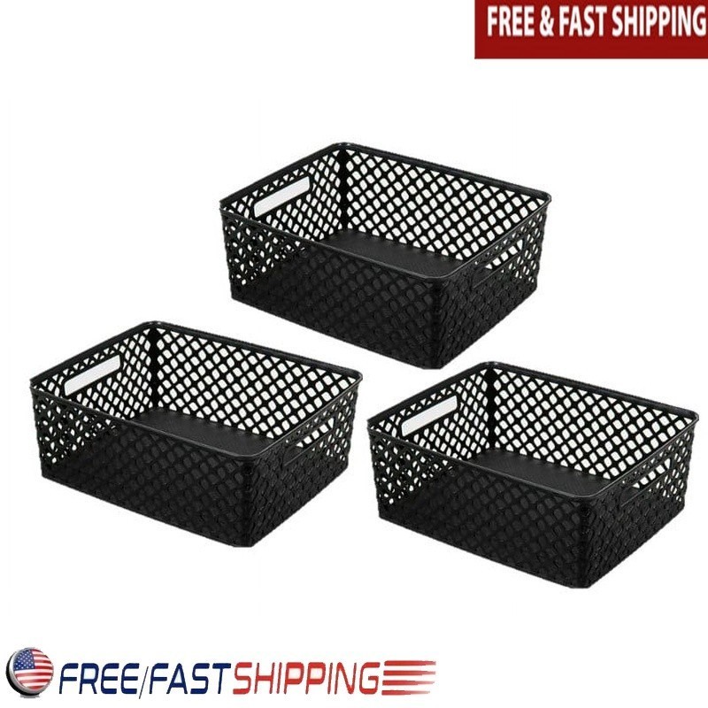 Medium Woven Storage Basket Set of 3 Lightweight Decorative Baskets W/ Handles
