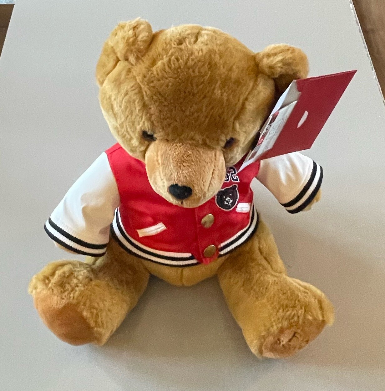 FAO Schwarz Honey Brown Teddy Bear Lettermans Jacket 12" Plush Stuffed Animal