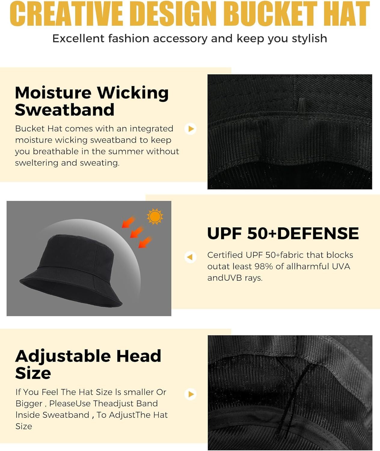 Unisex Bucket Hat for Women Men Cotton Summer Sun Beach Hat, Large, Black