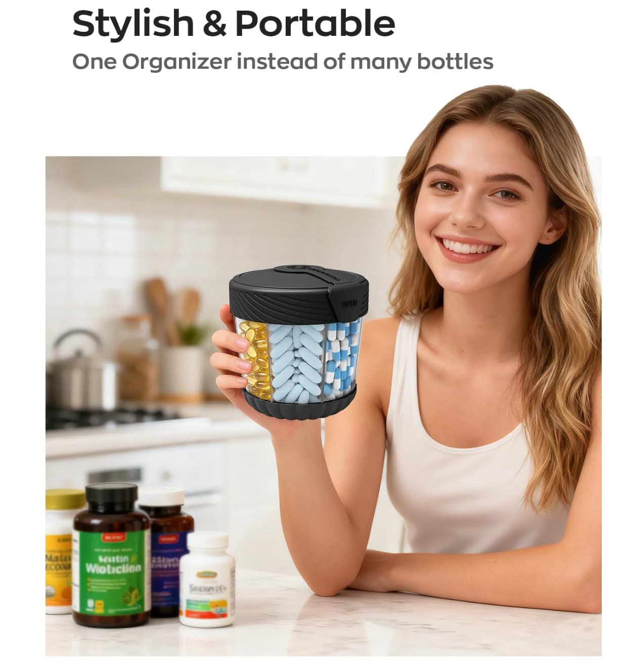 Cute Pill Organizer,Pill Dispenser with 7 Large Compartments,Portable Black-NEW