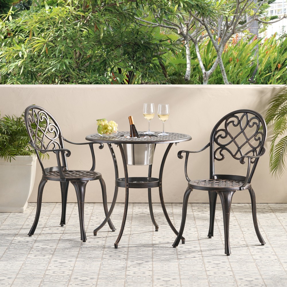 Copper Cast Aluminum 3 Piece Bistro Set with Ice Bucket Outdoor Patio Furniture