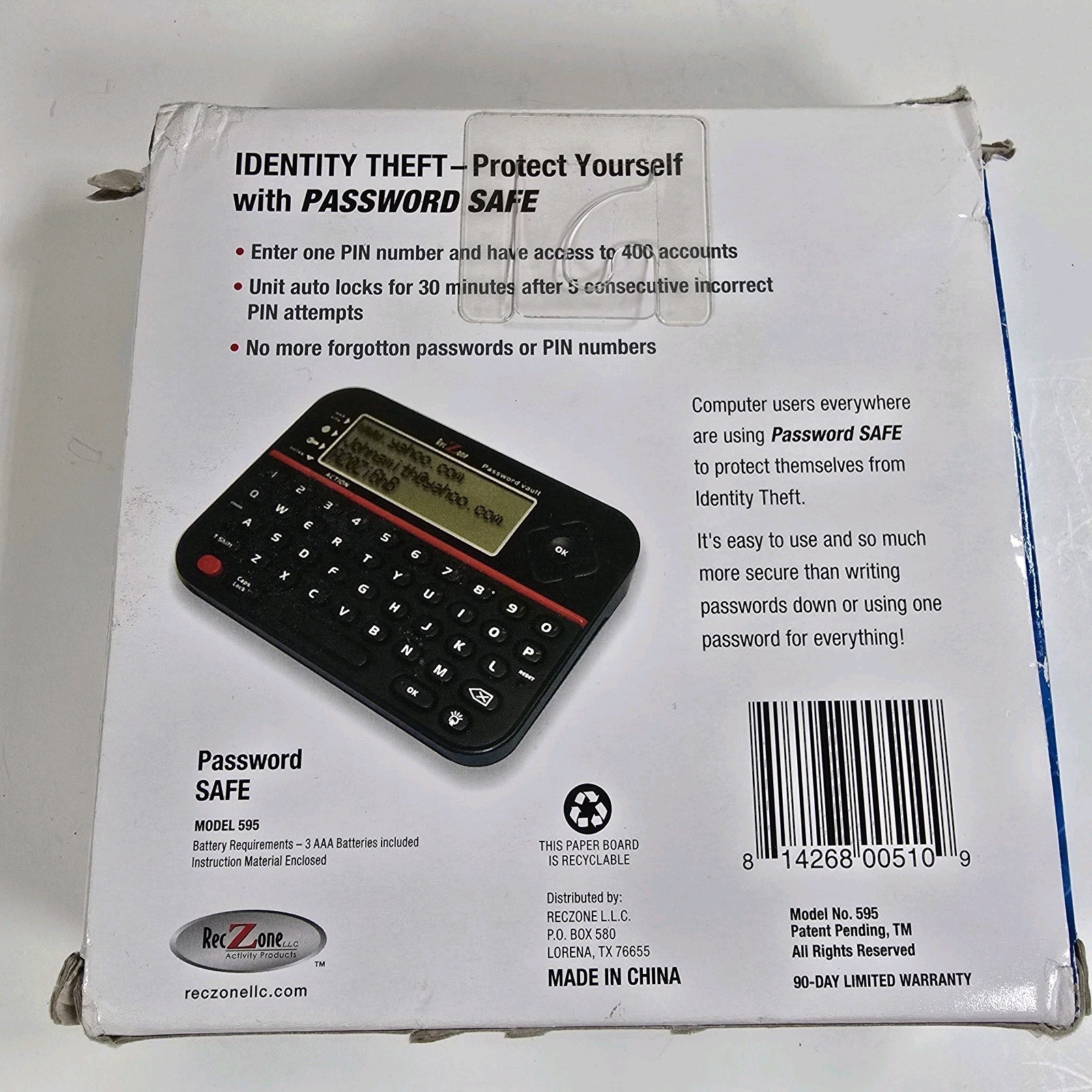 RecZone Password Safe Model 595 Electronic Password Organizer Tested Working OB