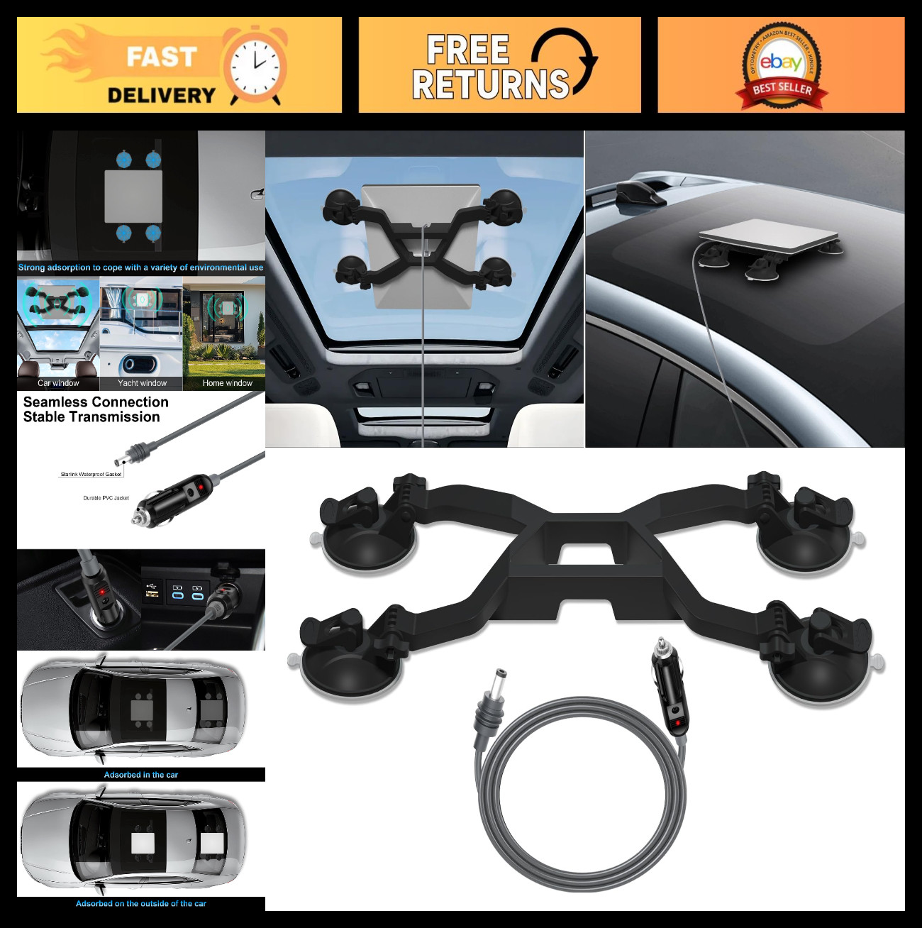 Adjustable Suction Cup Mount for Starlink Mini with 3M Car Charger Cable - Black