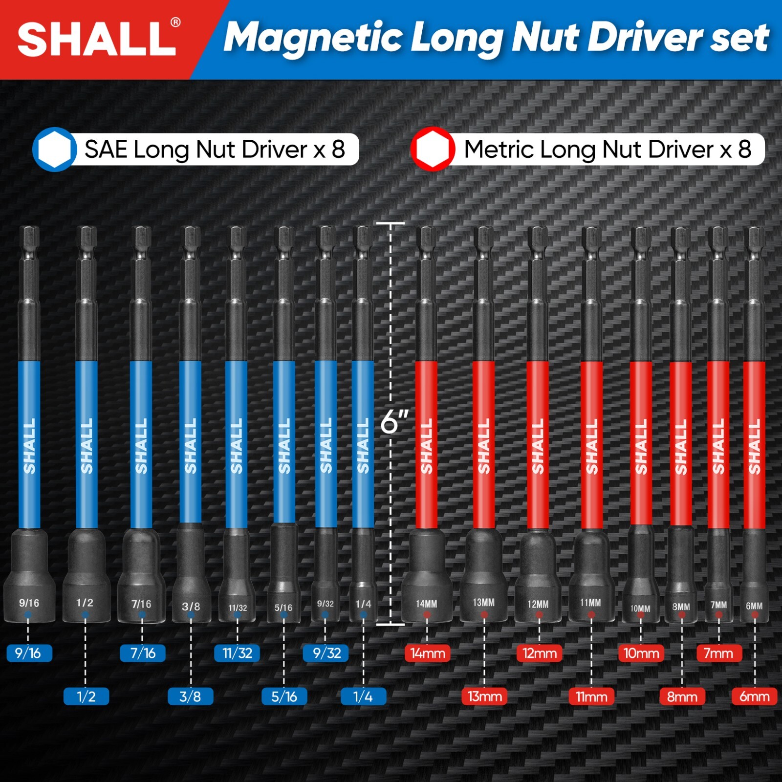 SHALL 16PCS Magnetic Nut Driver Set - 6" Long Nut Driver Set for Impact Drill