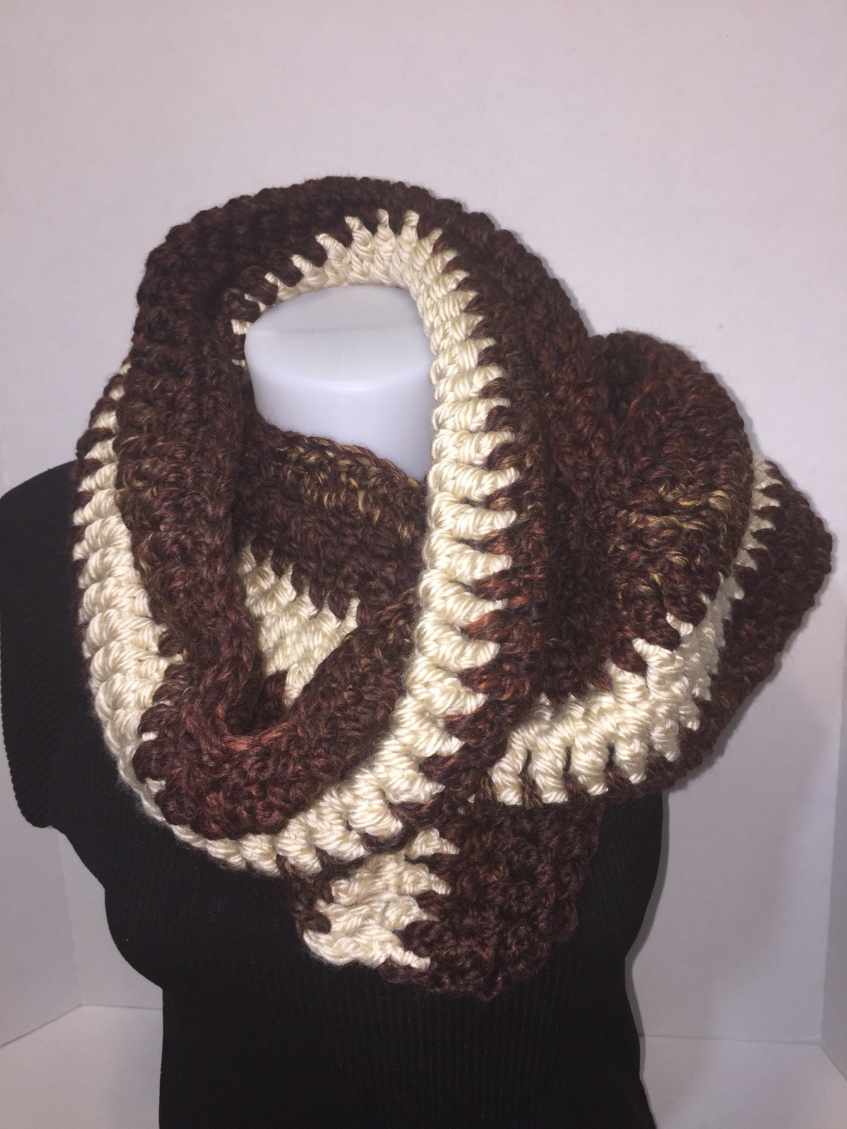 Crochet Infinity Scarf - Soft & Warm (Brown & Beige)