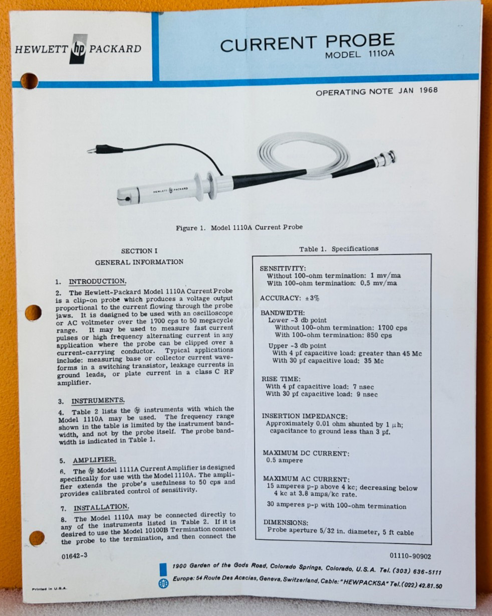 HP 01110-90902 1968 Model 110A Current Probe Operating Note Manual.