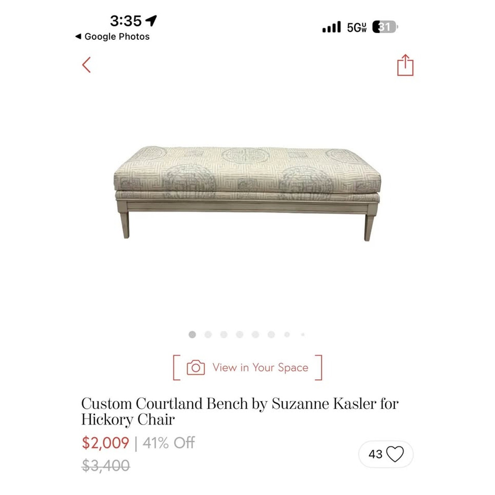 Custom ordered upholstered bench