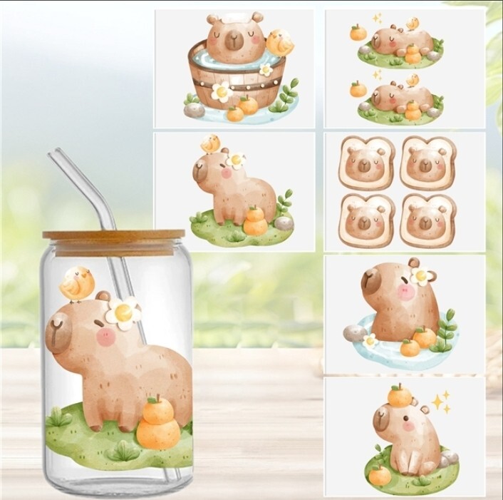 6 Piece set Capybara Cup Wrap, Transfer Stickers for Glass Uv DTF