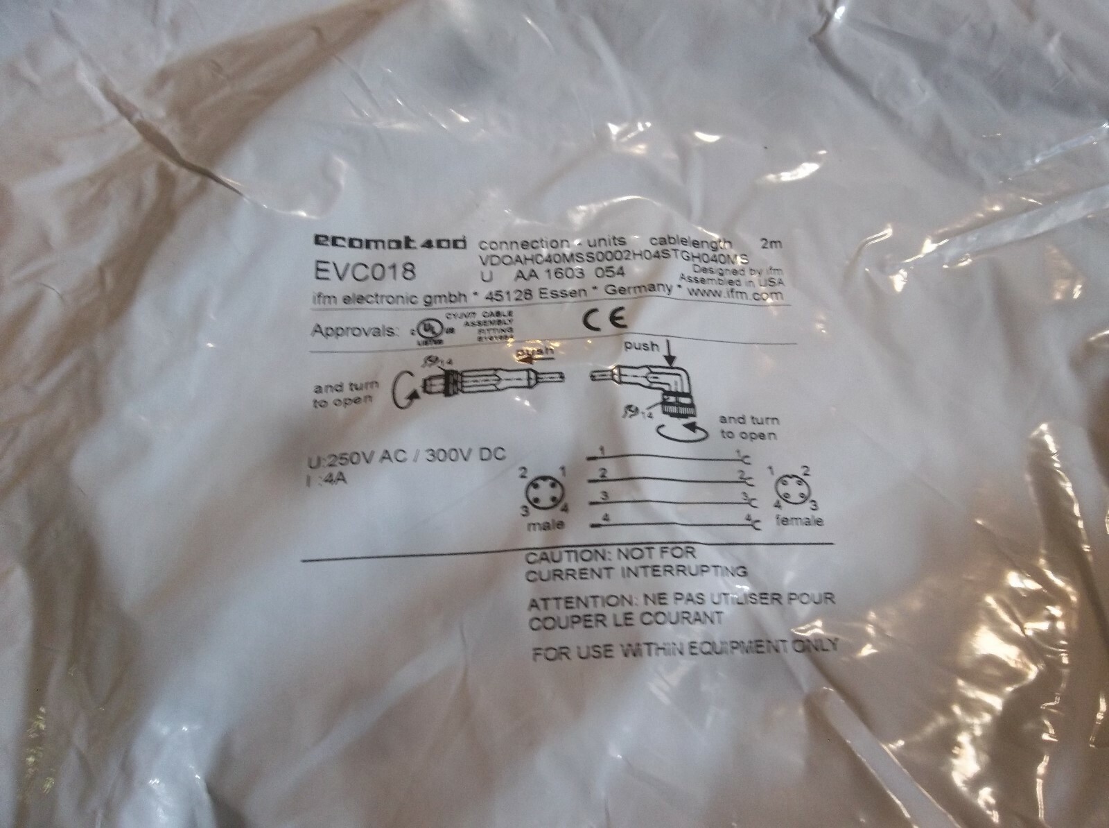 IFM EVC018 Ecomot 400 Sensor Cordset Cable