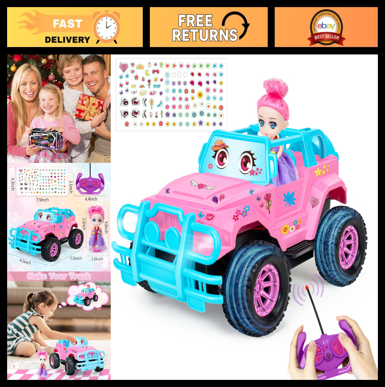 Remote Control Car - 1:20 Scale RC Truck with DIY Stickers & Doll, Pink, Fun for