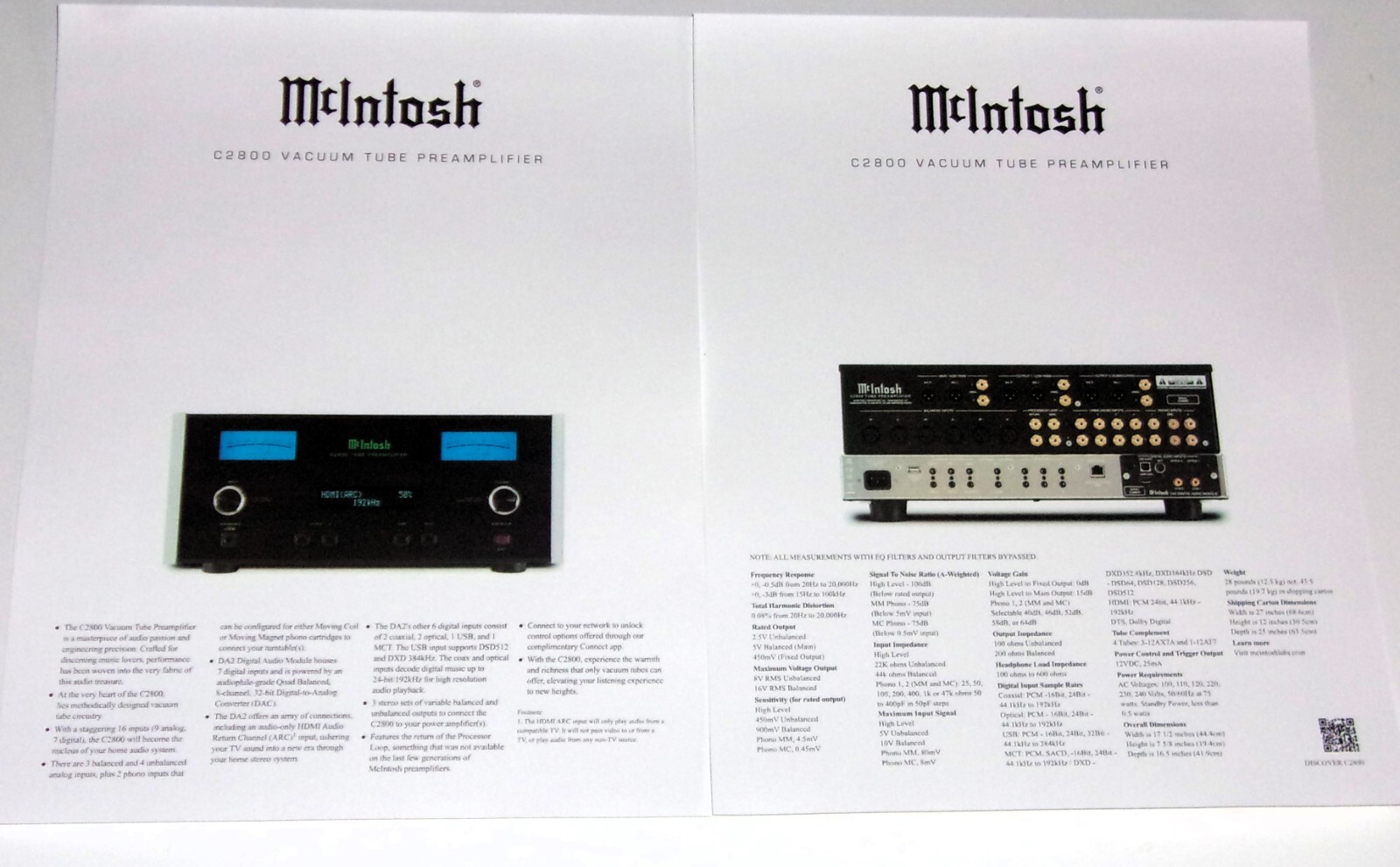 McIntosh C2800 Tube Preamplifier Brochure, 2 pages, Specs, Articles, Info, 2024