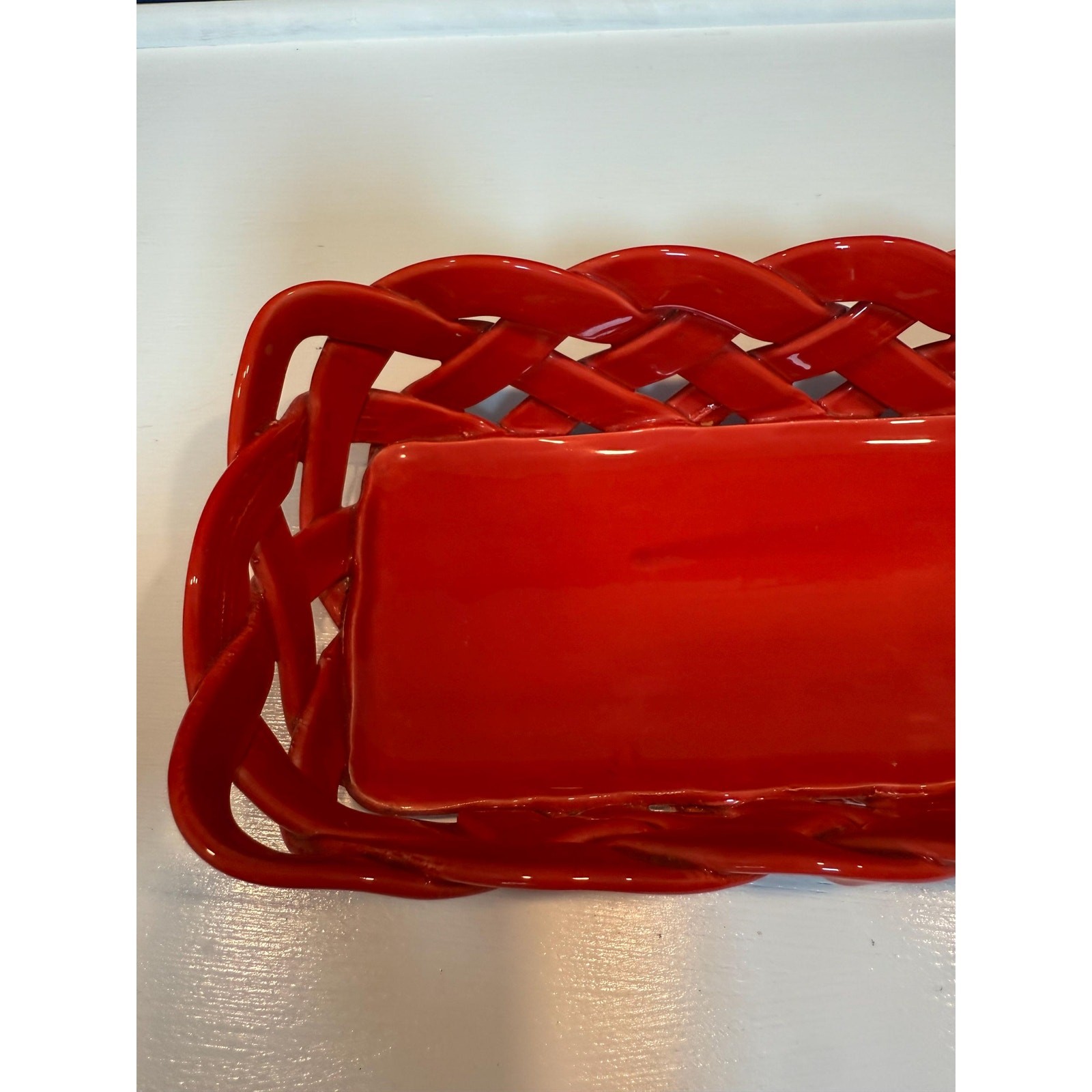Vintage Primo Gi Red Ceramic Woven Bread Basket Italy Large Weave