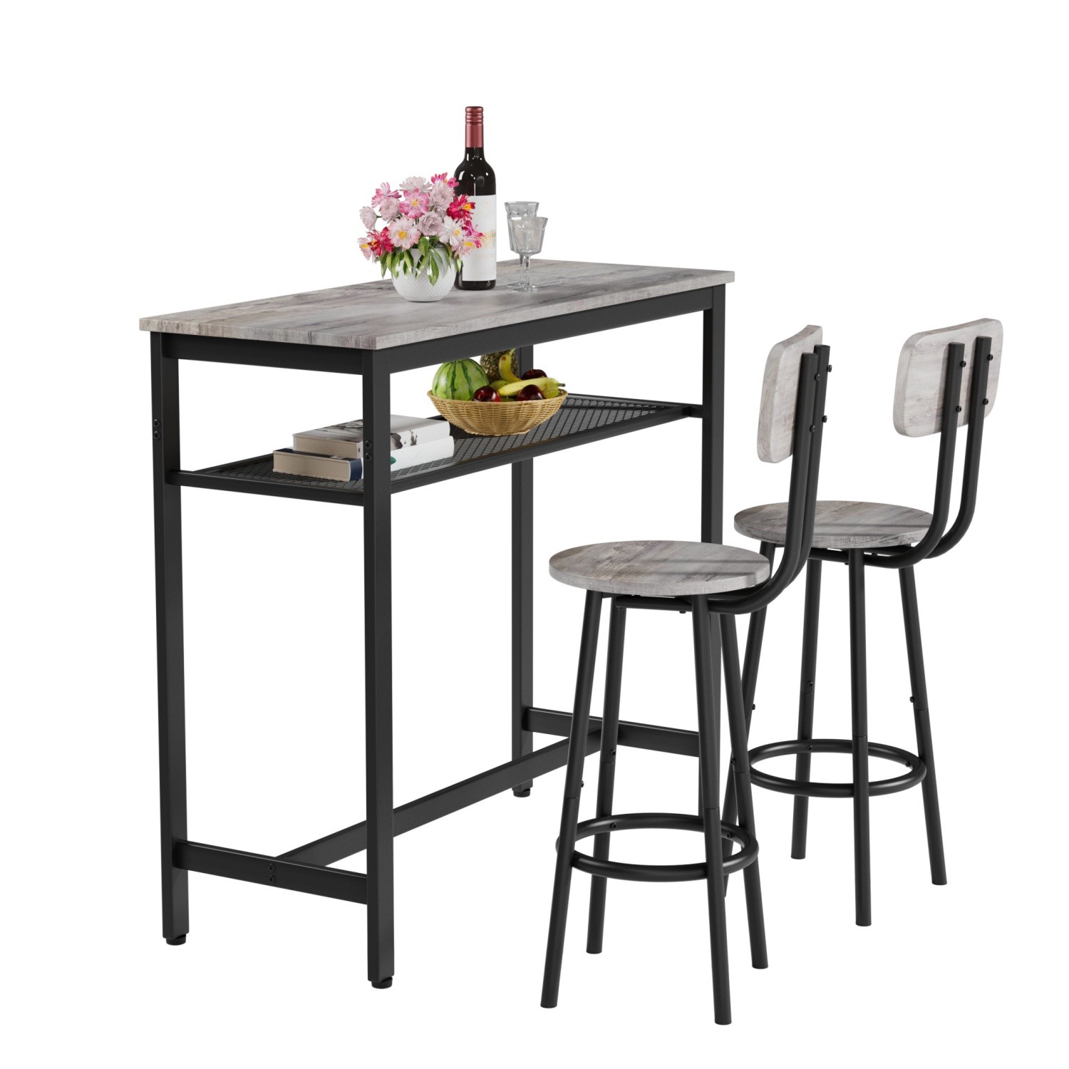 Modern 3 Piece Bar Table Set with 2 Bar Stools and Metal Frame & Storage Rack