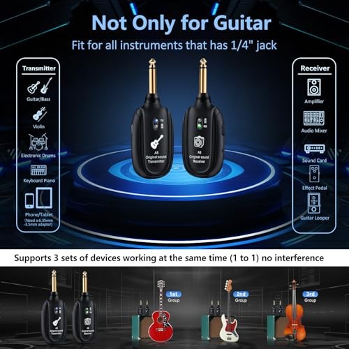 Wireless Guitar System UHF 2 Modes, Rechargeable Li-Battery, 100ft Range, A8