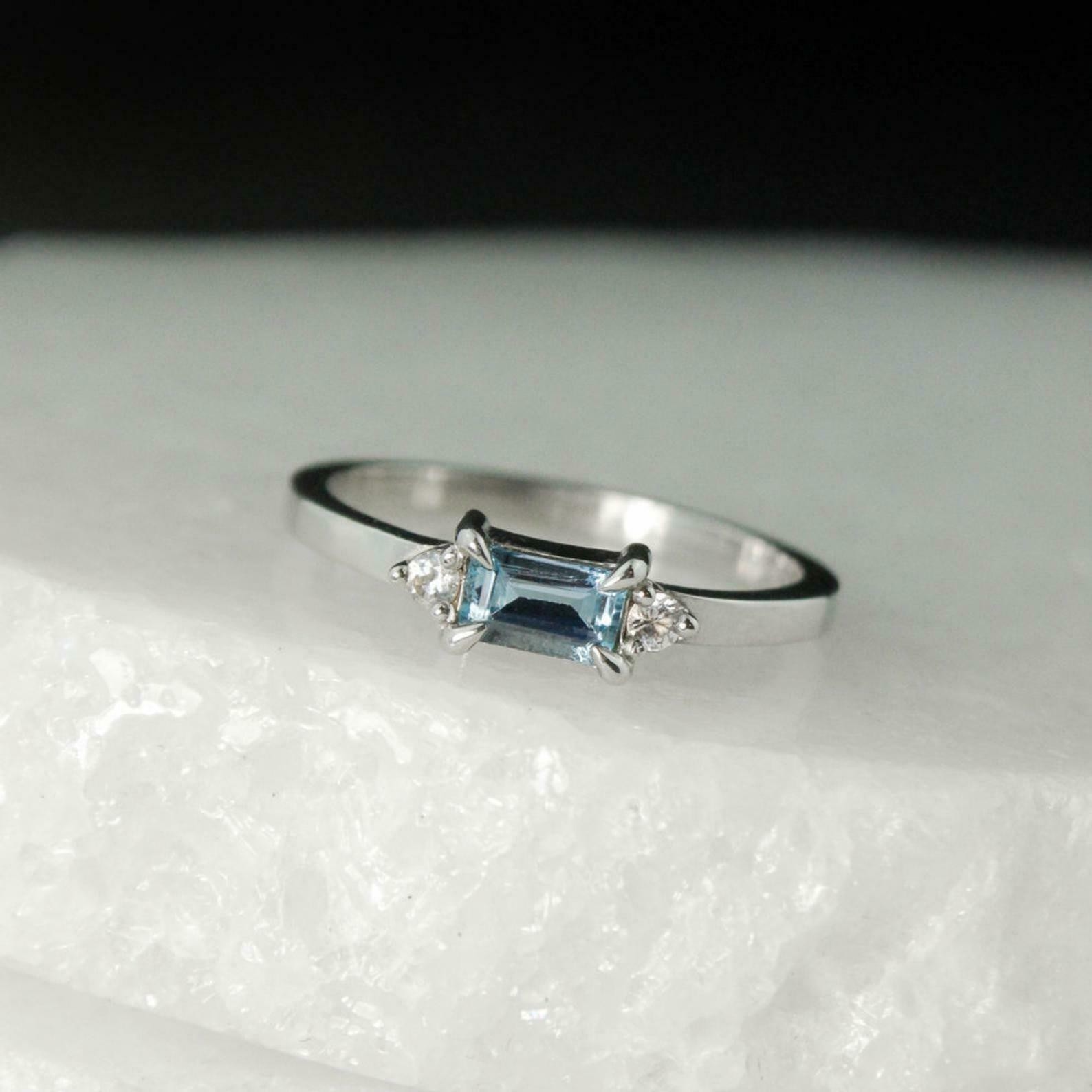 1ct Natural Emerald Blue Aquamarine Moissanite Accent Trilogy Ring Gold Plated