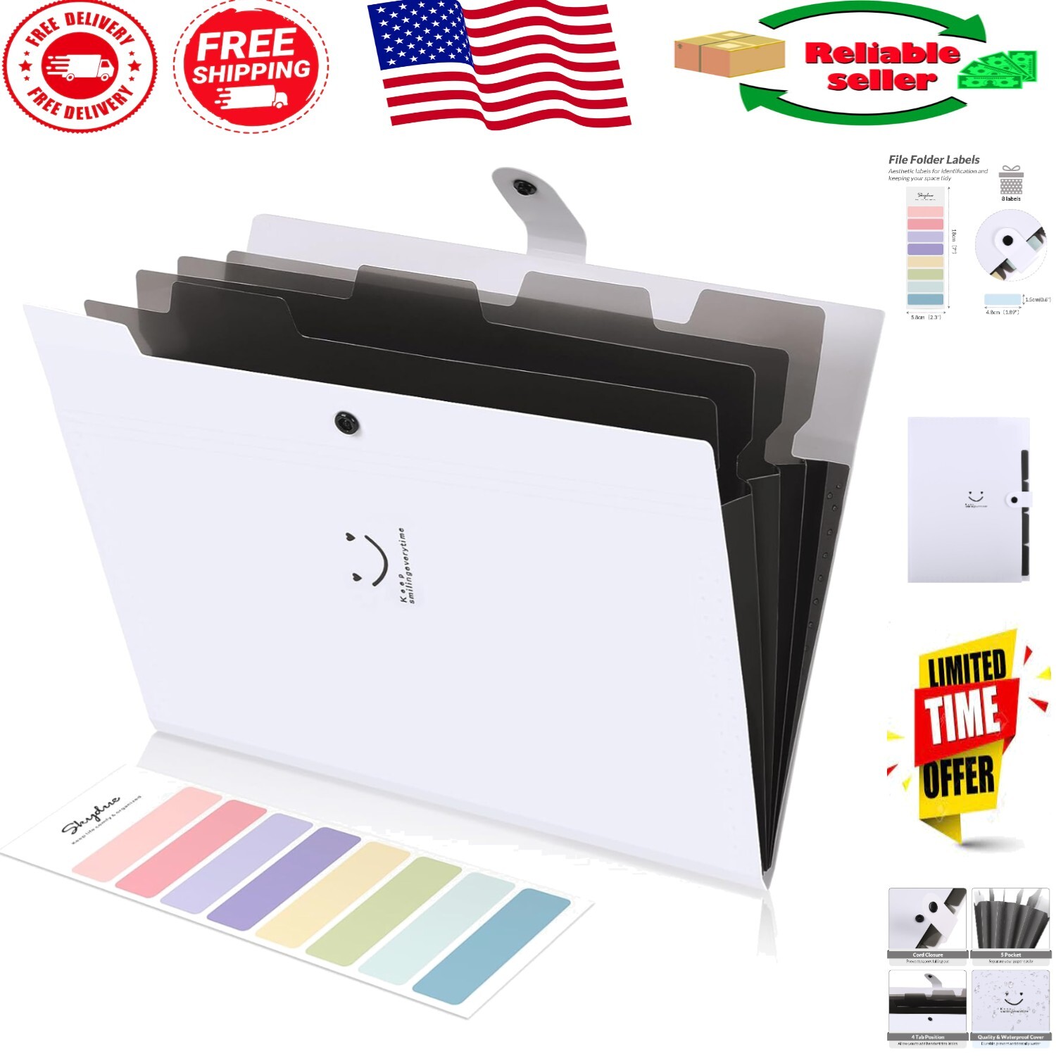 Lightweight Accordion File Folder with 5 Pockets - Ideal for Office and School