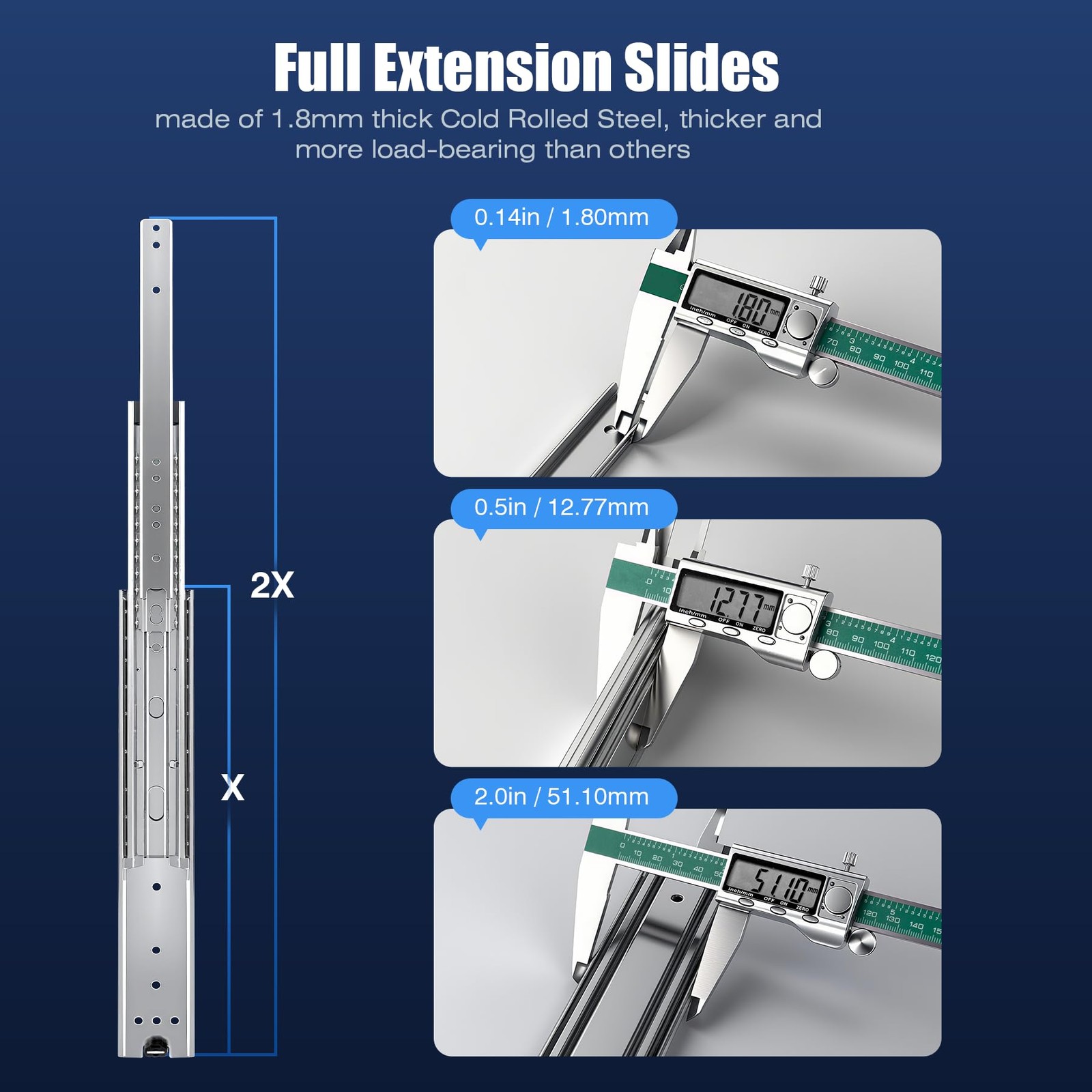 VITERLYNX Heavy Duty Drawer Slides 22 Inch Full Extension Ball Bearing Rails 200