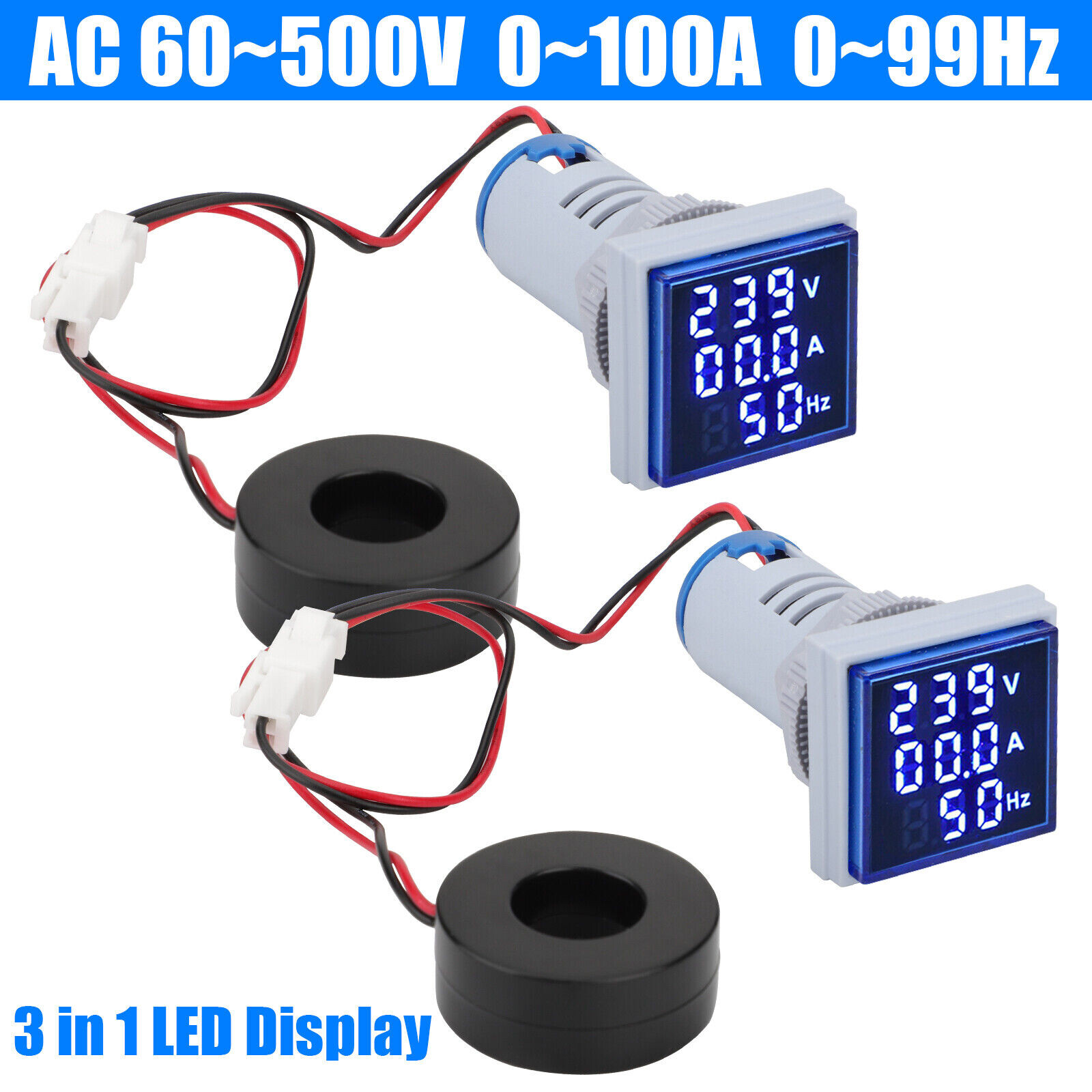 2pcs AC 60-500V 0-100A 22mm 3 in 1 Voltmeter Ammeter LED Digital Volt/AMP Meter