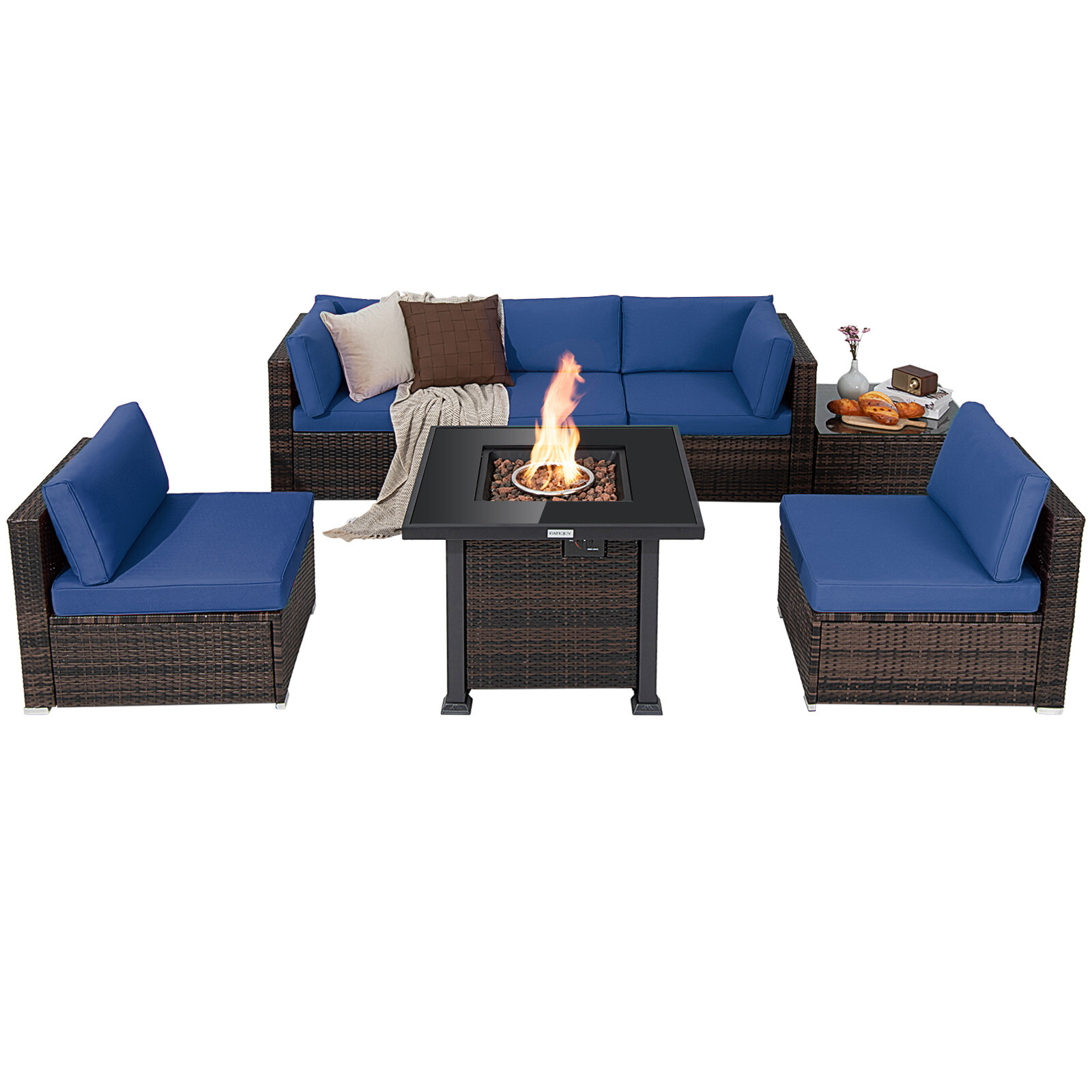 Patiojoy Patio Rattan 7PCS Cushioned Chair Set Furniture Set Thick Cushion w/